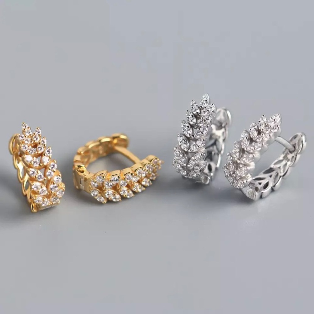 NEW 925 Sterling Silver Crystal Pave Leaf Branch Huggie Earrings